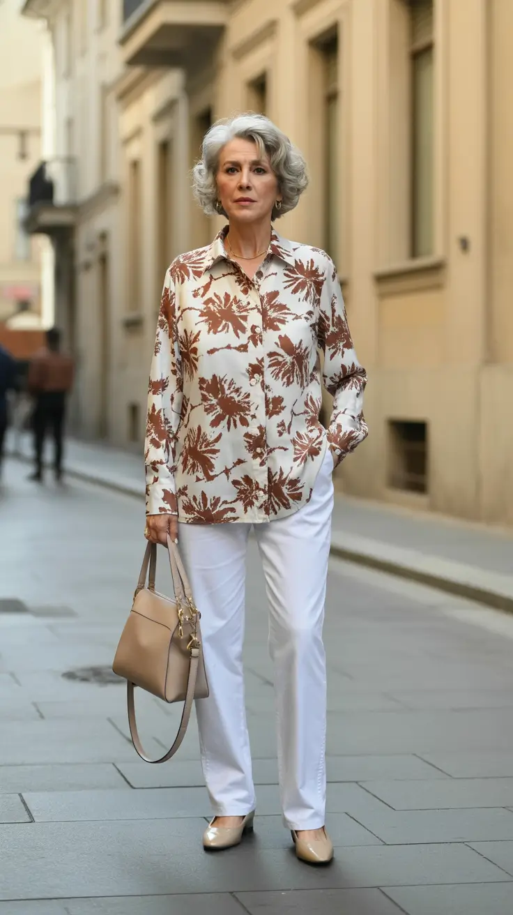 summer outfit for women over 60 2026 Crisp White Pants and a Statement Print That Wakes Everything Up
