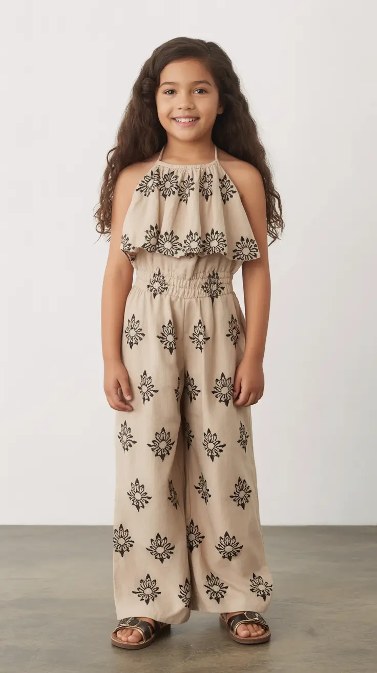 21 summer outfits for teens 2026 Neutral Printed Jumpsuit with a Soft Italian Summer Mood