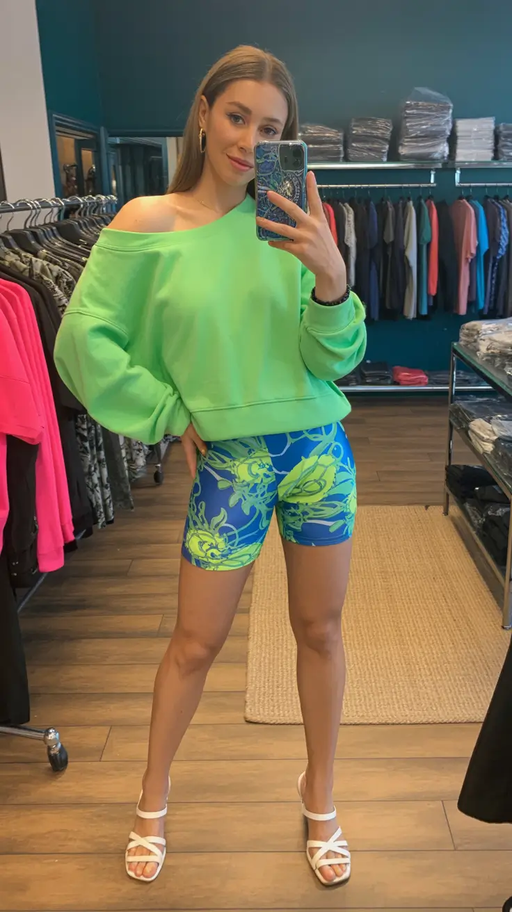 summer outfits with sandals for women 2026 Sporty color clash with bold prints and casual Flat sandals