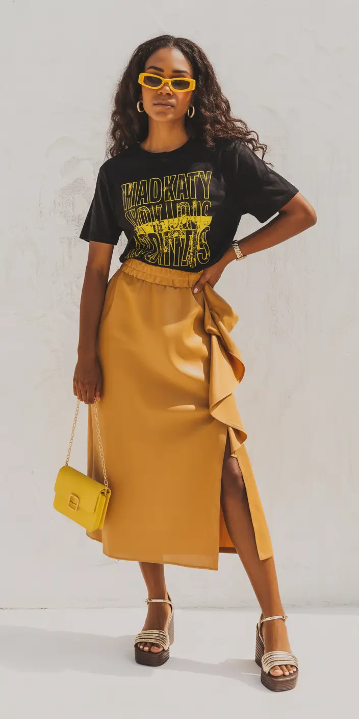 summer outfits with sandals for women 2026 Graphic tee and satin skirt contrast with elevated sandals