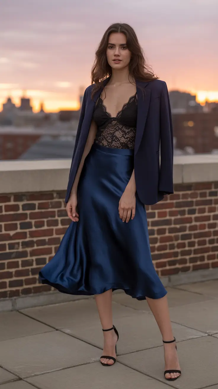 summer outfits with sandals for women 2026 Evening elegance with silky textures and Black minimalist sandals