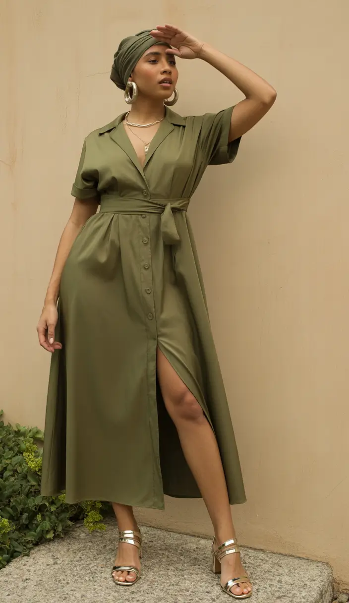 summer outfits with sandals for women 2026 Earthy femininity with flowing dress and metallic summer sandals