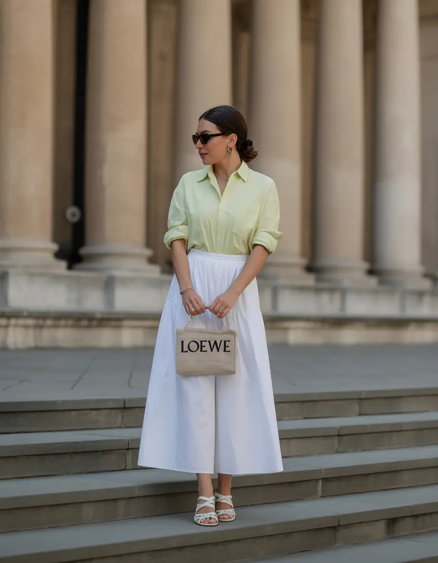 summer outfits with sandals for women 2026 Fresh feminine balance with crisp white skirt and Flat summer sandals