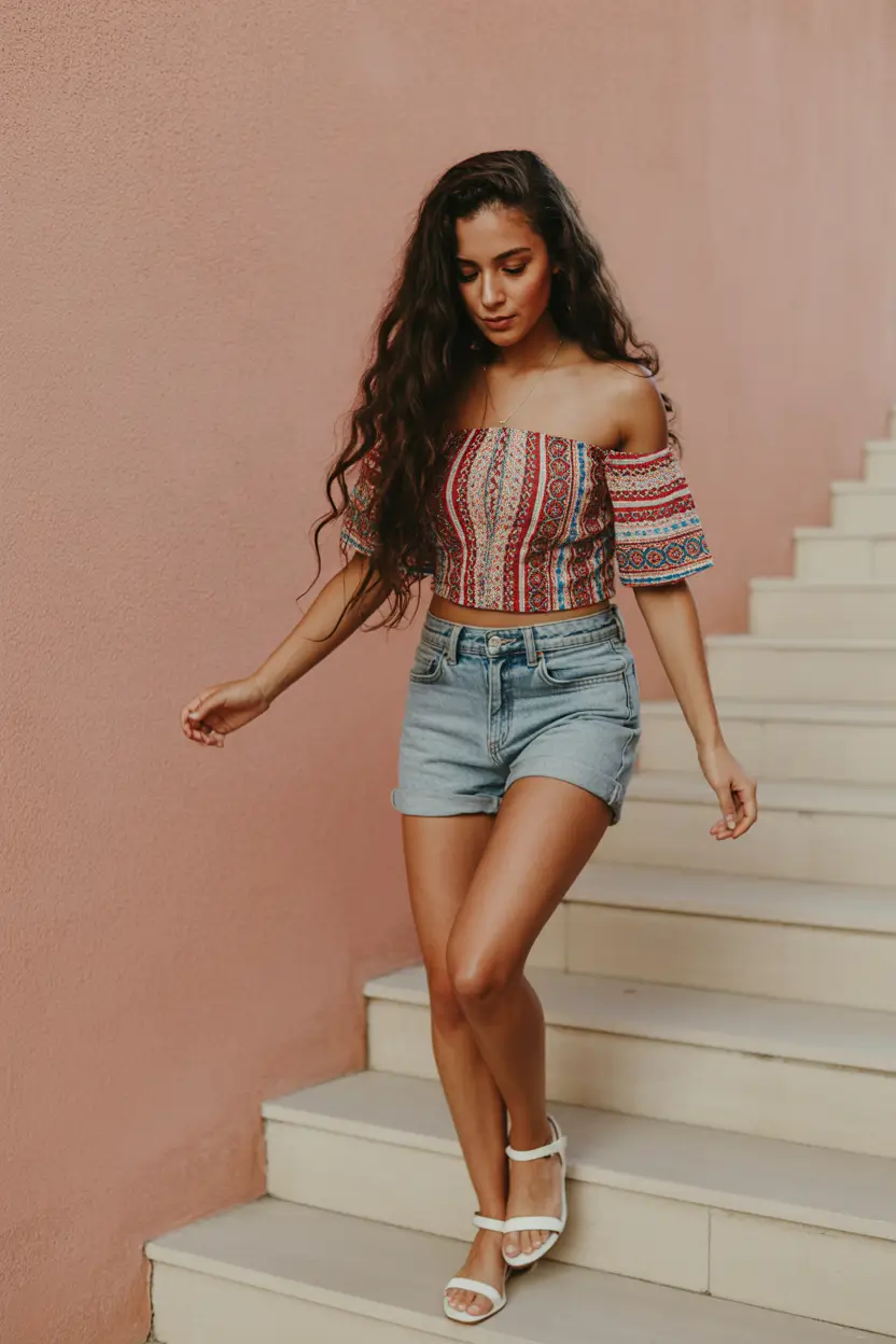 summer outfits with sandals for women 2026 Soft bohemian summer with off-shoulder top and light sandals