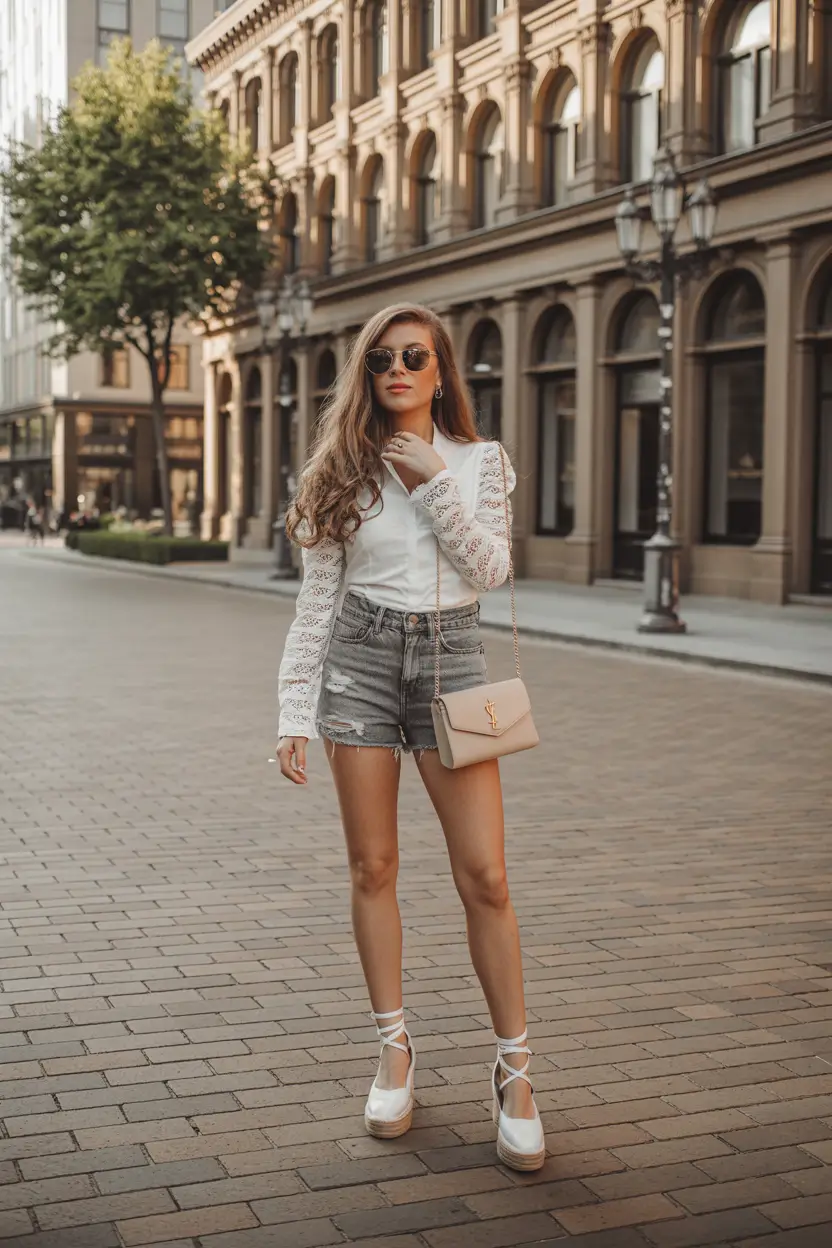 summer outfits with sandals for women 2026 City chic layering with lace details and Jorts attitude