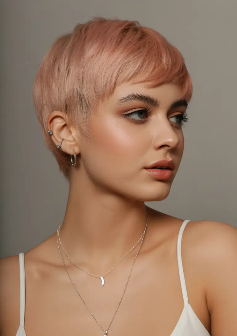 summer short haircut ideas 2026 Warm Peach Pixie with Soft Feminine Glow