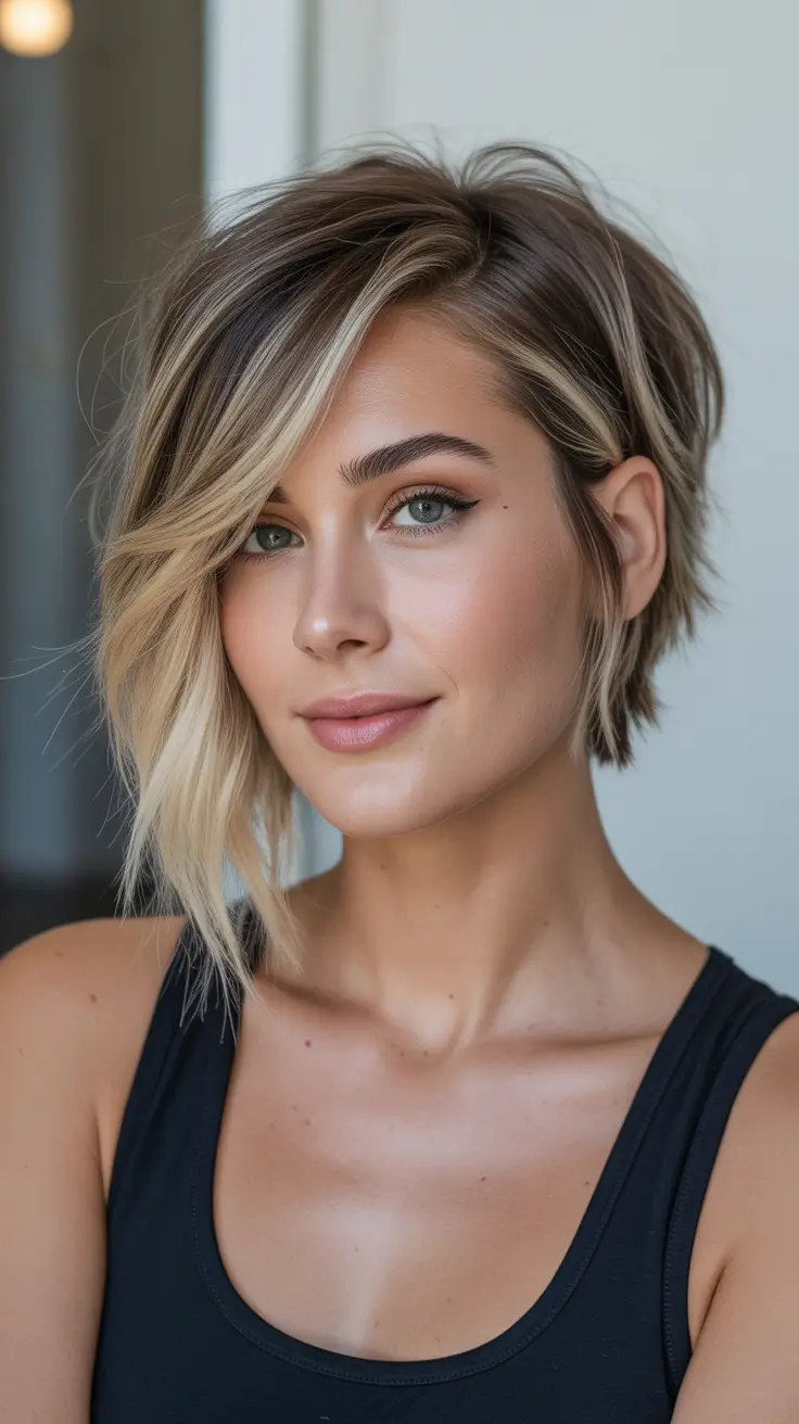 summer short haircut ideas 2026 Side-Swept Layered Pixie with Natural Blonde Contrast