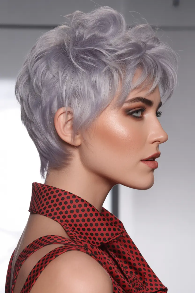 summer short haircut ideas 2026 Textured Silver Crop with Volume and Movement