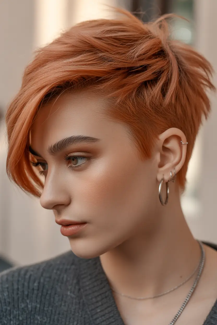 summer short haircut ideas 2026 Fiery Copper Pixie with Side-Swept Drama