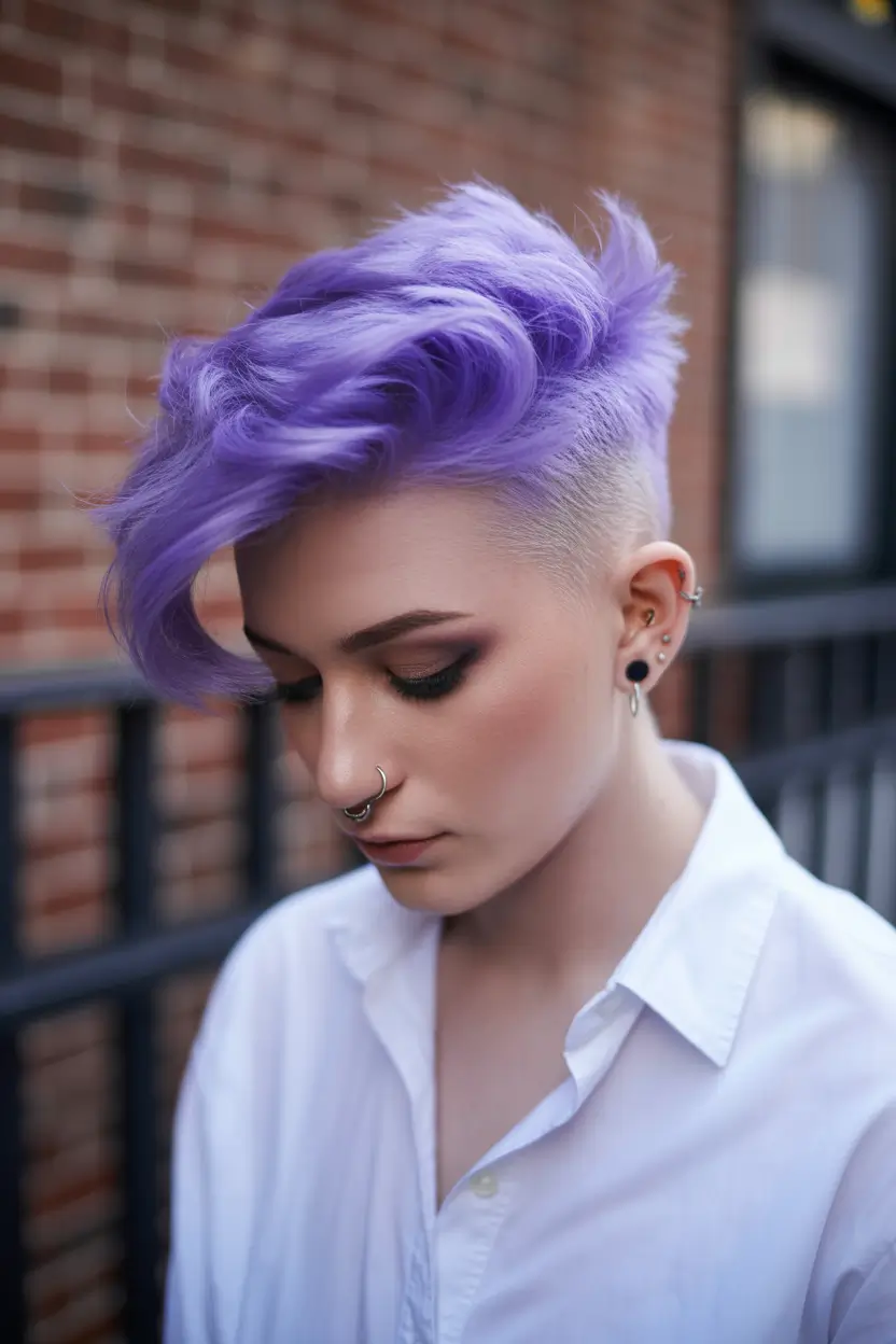 summer short haircut ideas 2026 Edgy Undercut Pixie with Vibrant Purple Flow