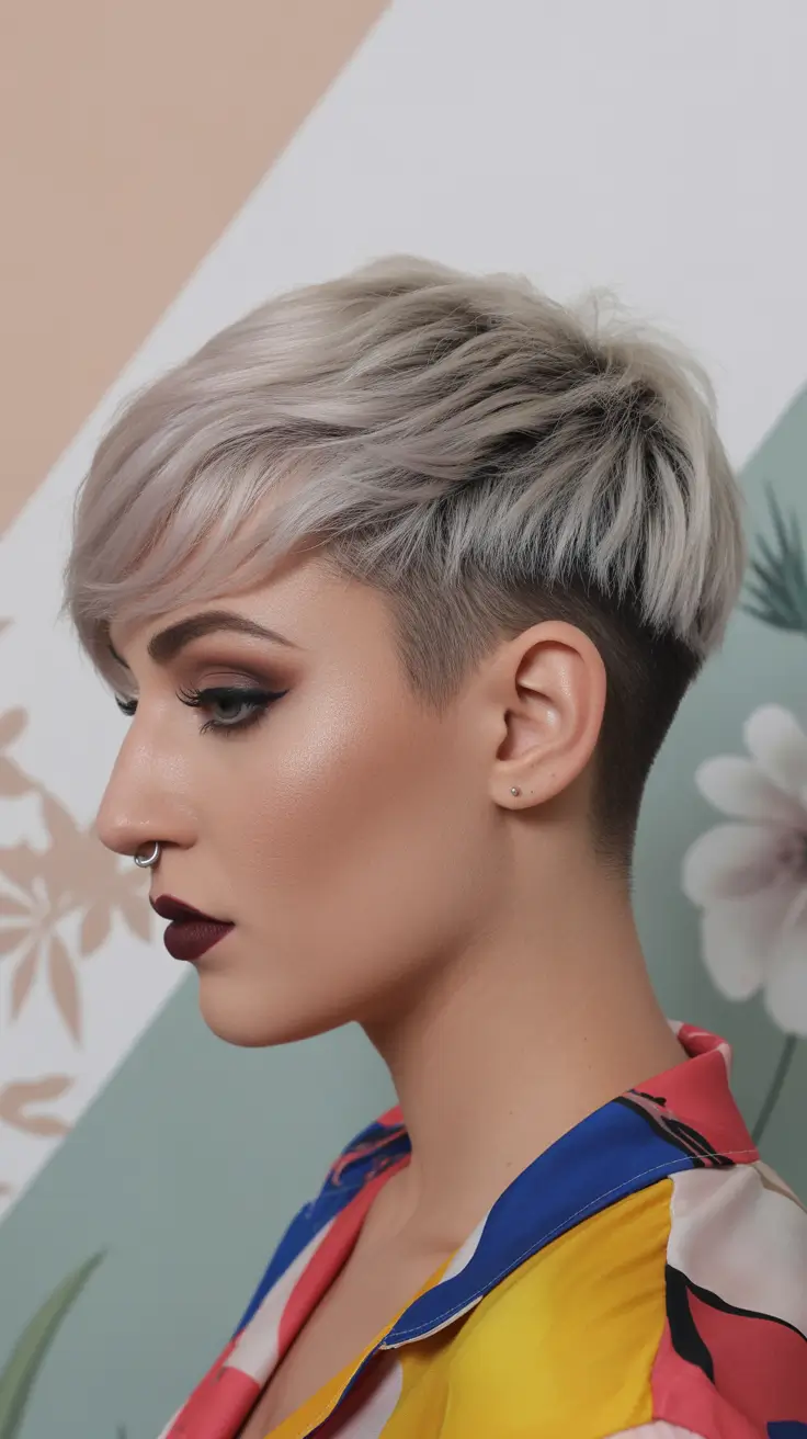 summer short haircut ideas 2026 Feathered Undercut Pixie with Ash Blonde Layers