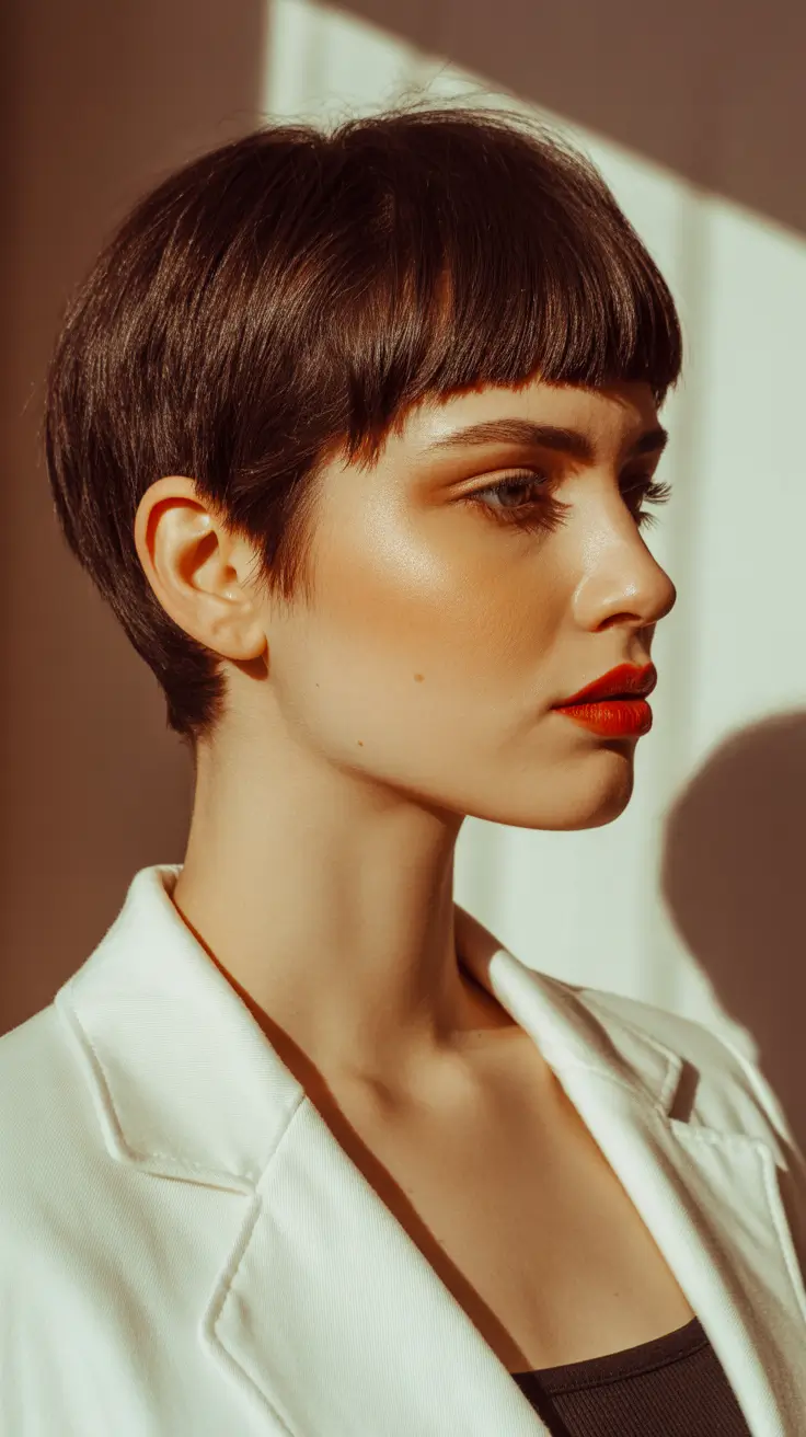 summer short haircut ideas 2026 Classic Brunette Pixie with Micro Fringe Precision