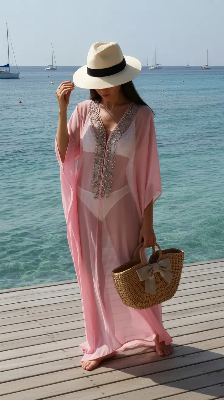 23 swimsuit coverups outfit 2026 Soft Pink Embellished Kaftan With Resort Glam