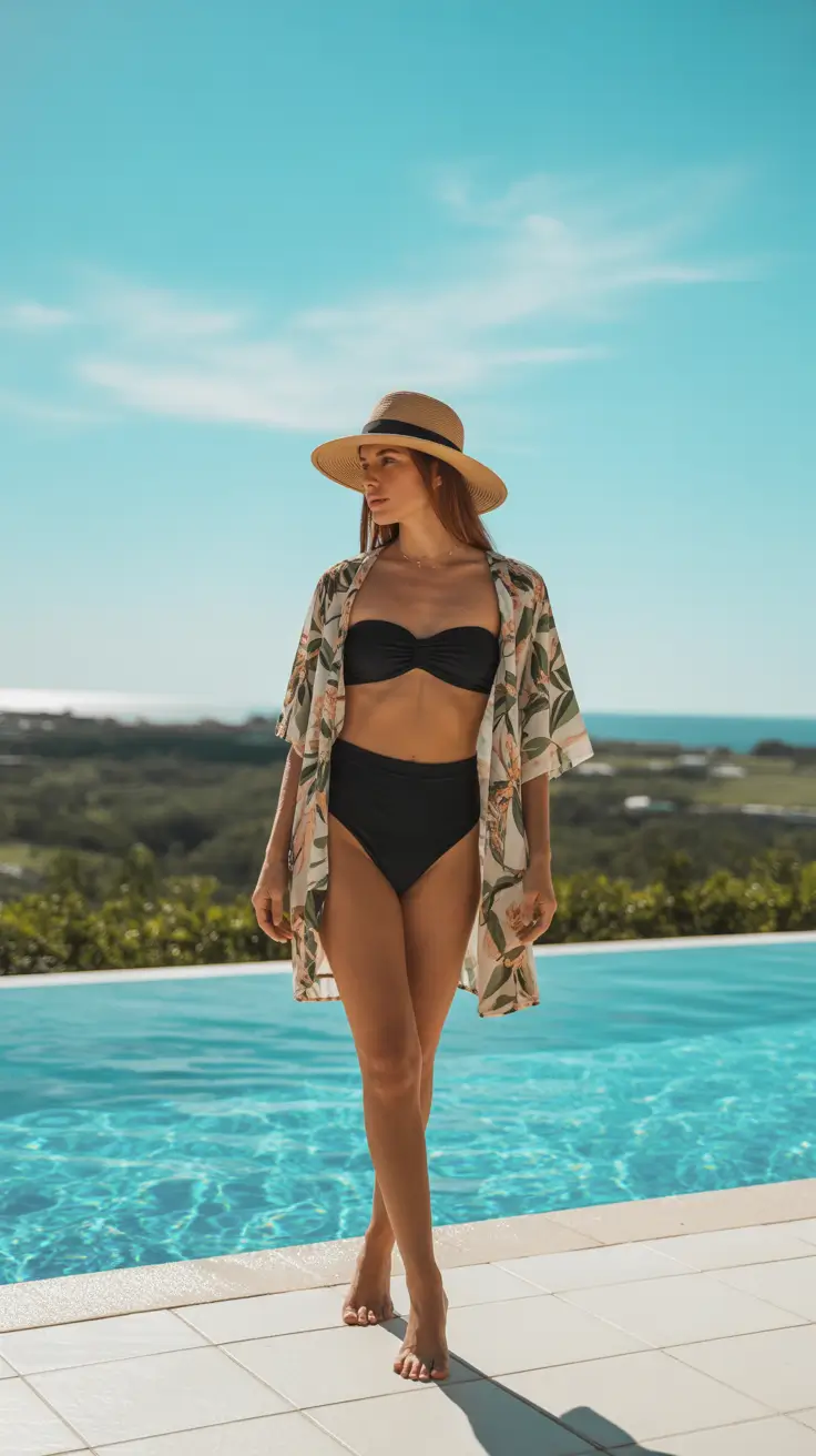 23 swimsuit for pool party 2026 Classic Black Bikini With Tropical Layering