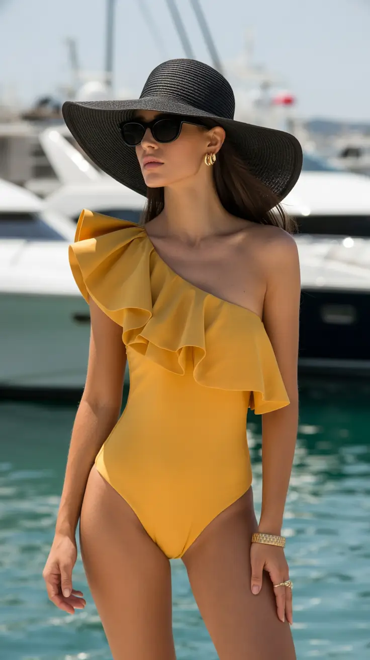 23 swimsuit for pool party 2026 Golden Ruffle Drama That Feels Like Summer in Motion