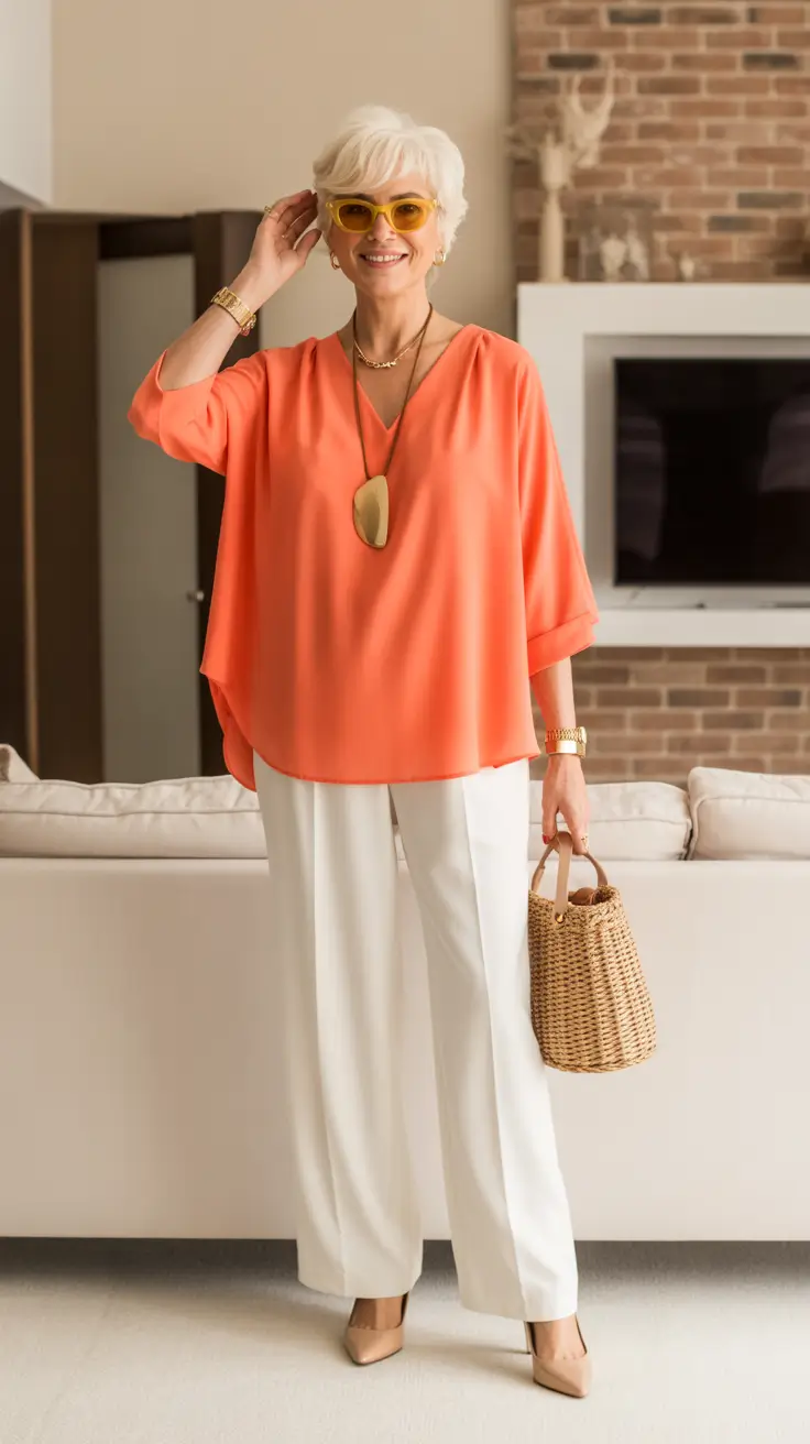 timeless summer outfit for women over 50 2026 Effortless Coral and Cream for a Polished Everyday Look