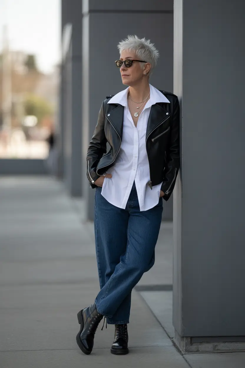 timeless summer outfit for women over 50 2026 Classic Leather and Denim with a Modern Edge