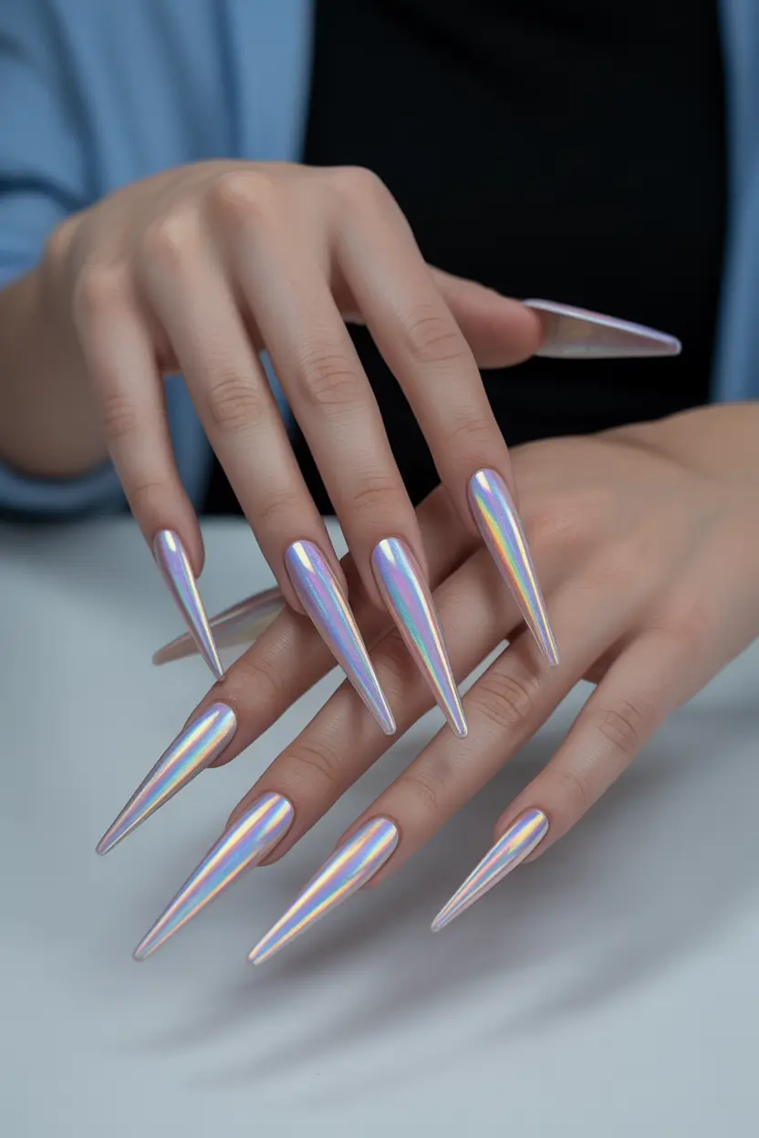 spring aura nails Ultra Long Chrome Aura Nails With Futuristic Shine