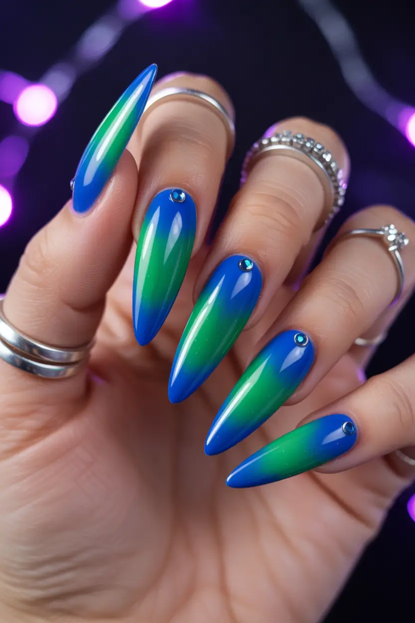 spring aura nails Blue And Green Aura Nails With Jewel Accent