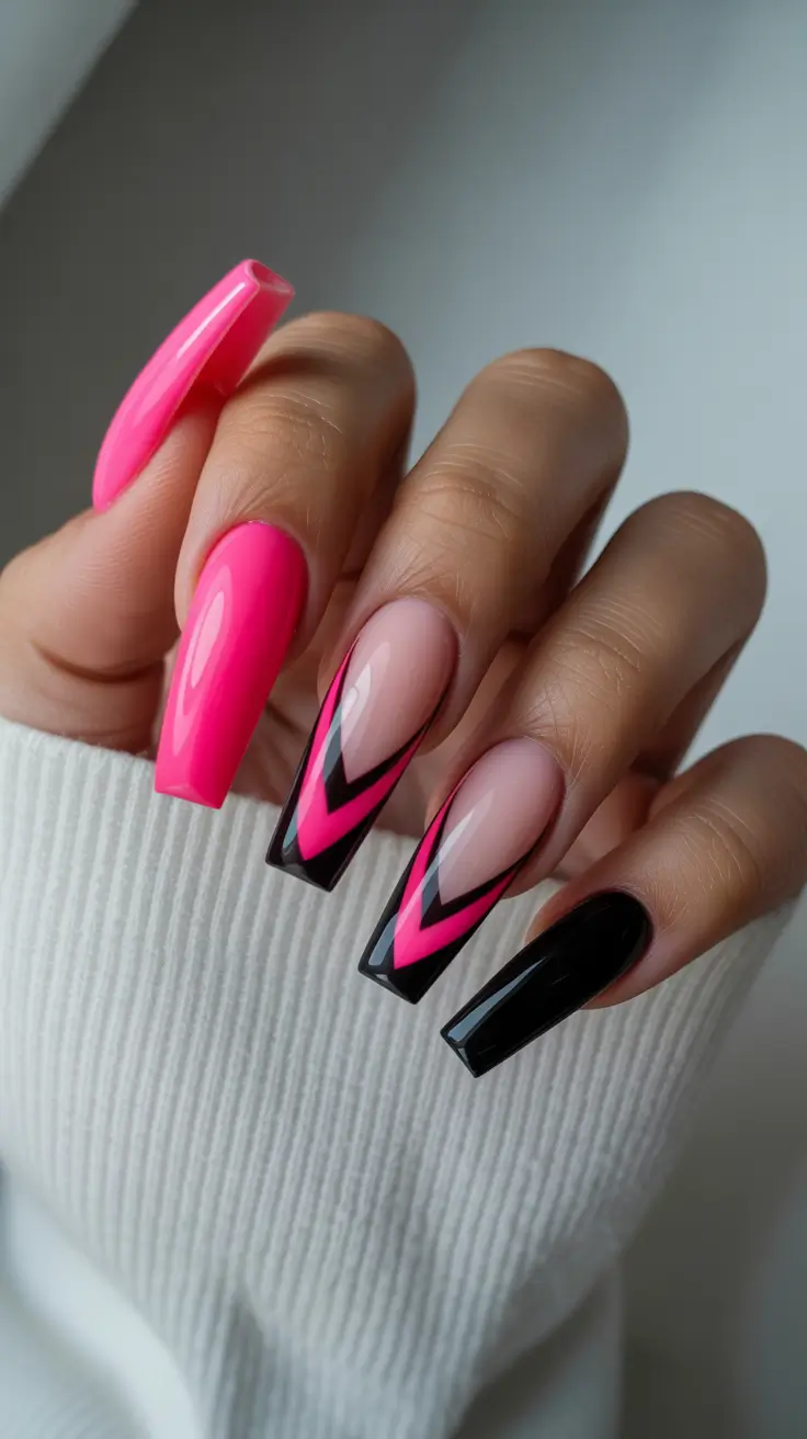trendy spring hot pink nails 2026 Hot Pink Graphic V Lines With Black And Nude Contrast