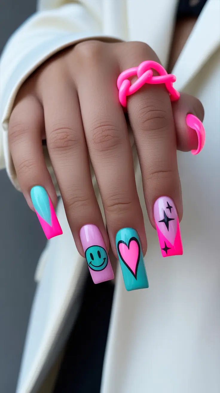 trendy spring hot pink nails 2026 Playful Pop Art Hot Pink And Turquoise Character Nails