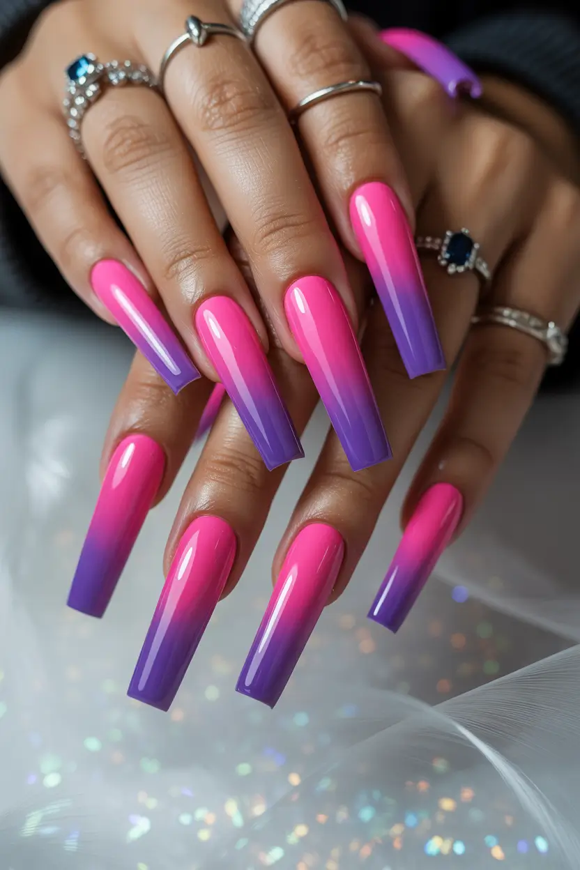 trendy spring hot pink nails 2026 Glossy Pink To Lavender Ombre Acrylic Nails With Soft Spring Gradient
