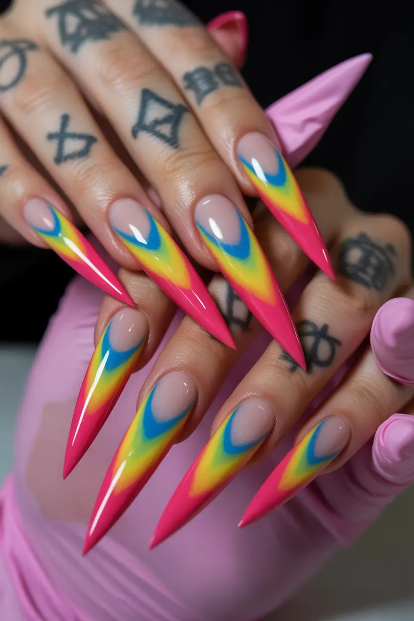 trendy spring hot pink nails 2026 Rainbow Wave Stiletto Nails With Neon Hot Pink Base