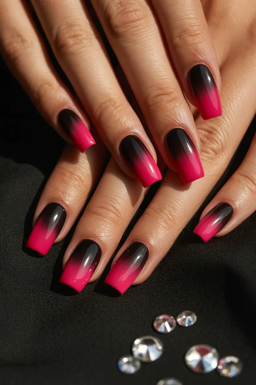 trendy spring hot pink nails 2026 Dark Hot Pink And Black Ombre Nails With Dramatic Contrast