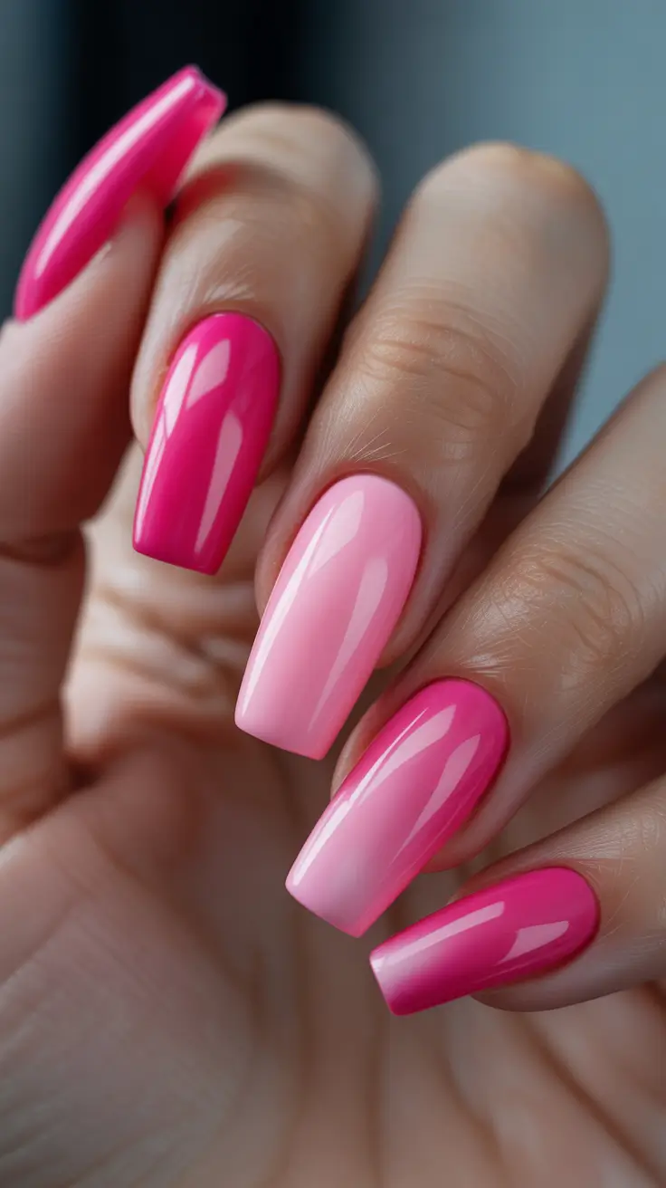 trendy spring hot pink nails 2026 Classic Glossy Pink Ombre Nails With Soft Spring Fade
