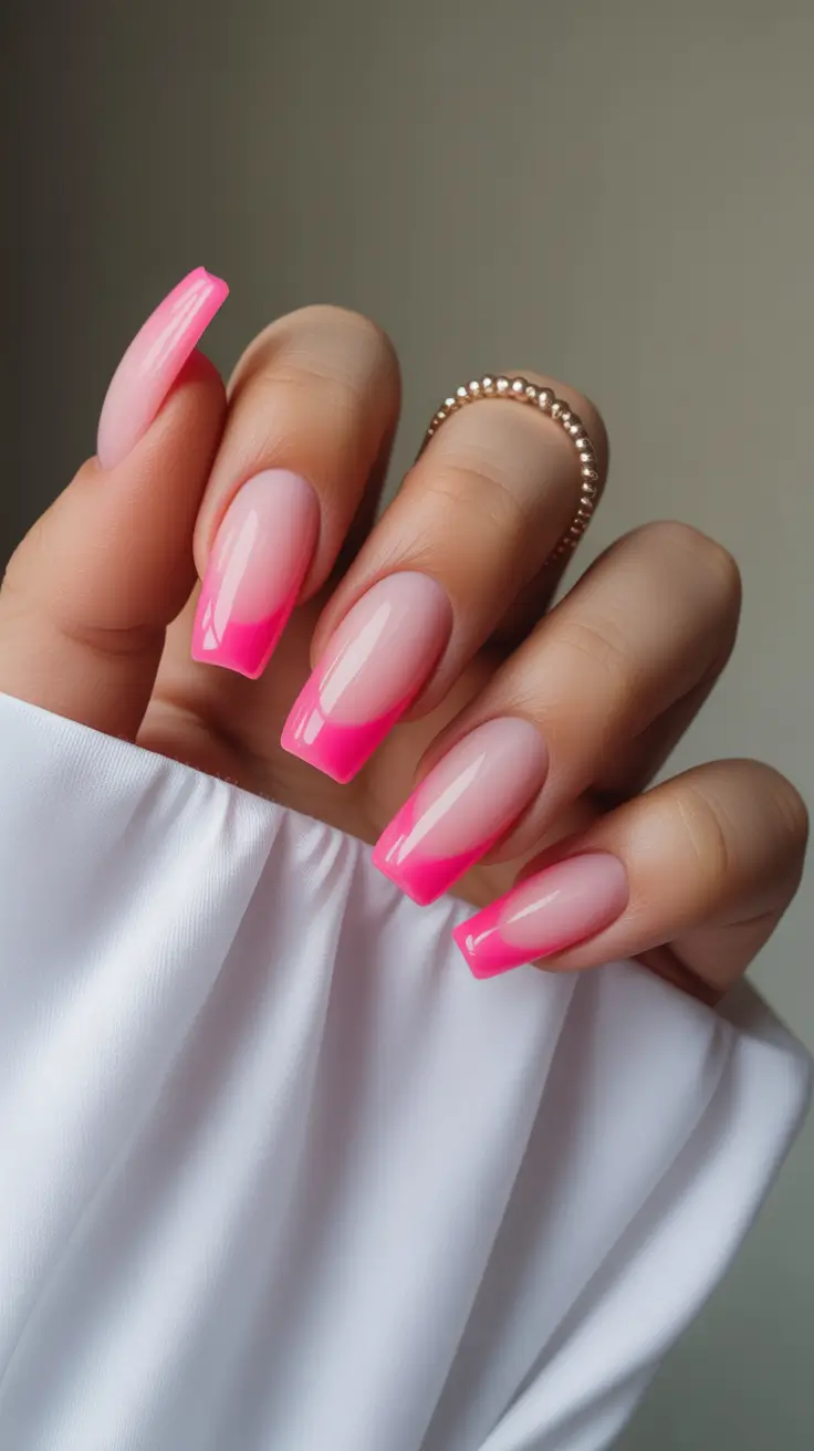 trendy spring hot pink nails 2026 Minimalist Neon Pink French Tip With Sheer Base