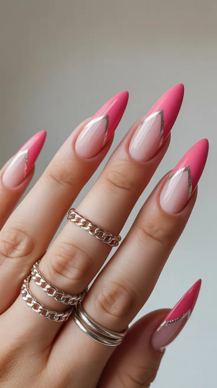 trendy spring hot pink nails 2026 Elegant Hot Pink Almond French With Delicate Glitter Lines