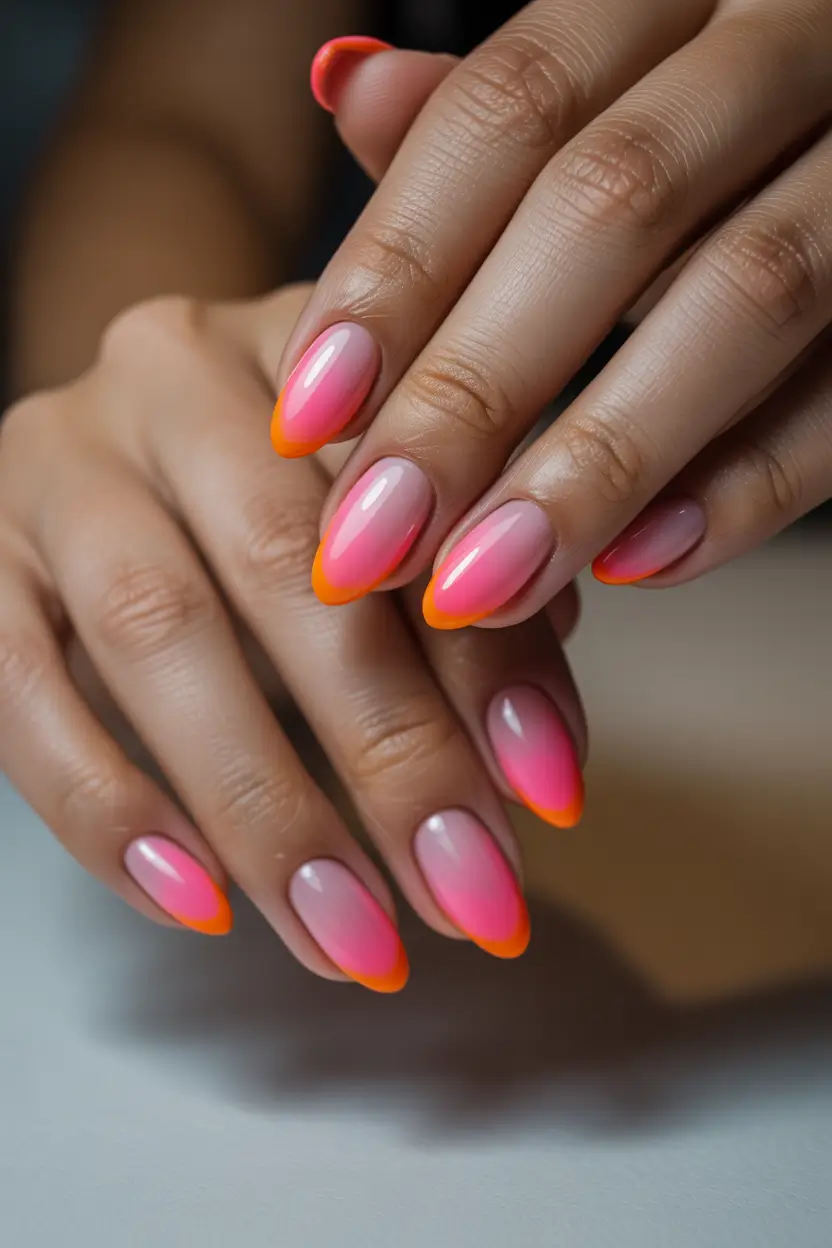 trendy spring hot pink nails 2026 Soft Pink Ombre With Neon Orange Tips