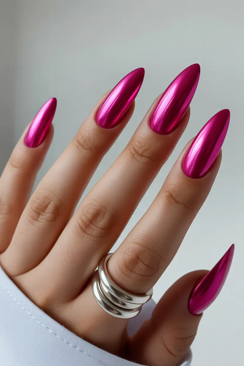 trendy spring hot pink nails 2026 Mirror Hot Pink Chrome Almond Nails