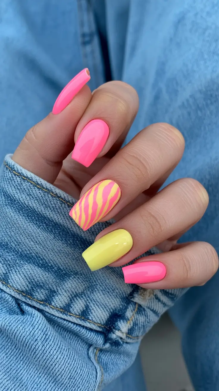 trendy spring hot pink nails 2026 Playful Hot Pink And Yellow Spring Mix With Zebra Accent