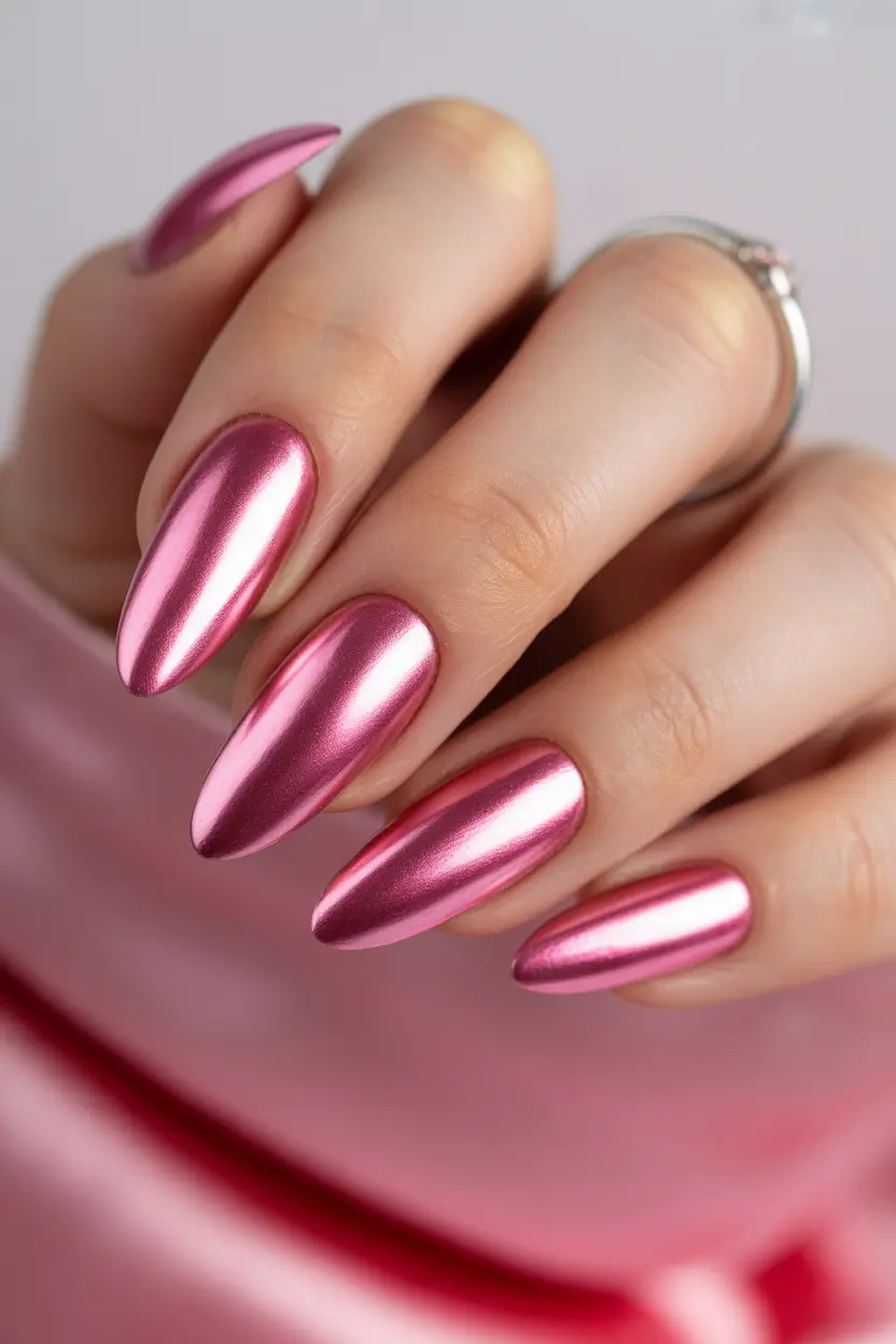 trendy spring hot pink nails 2026 Rose Pink Chrome Nails With Soft Metallic Glow