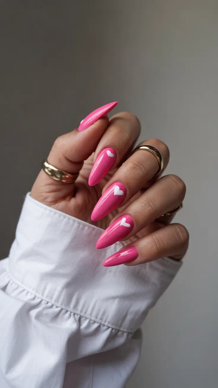trendy spring hot pink nails 2026 Hot Pink Heart Accent Nails With Minimalist Art