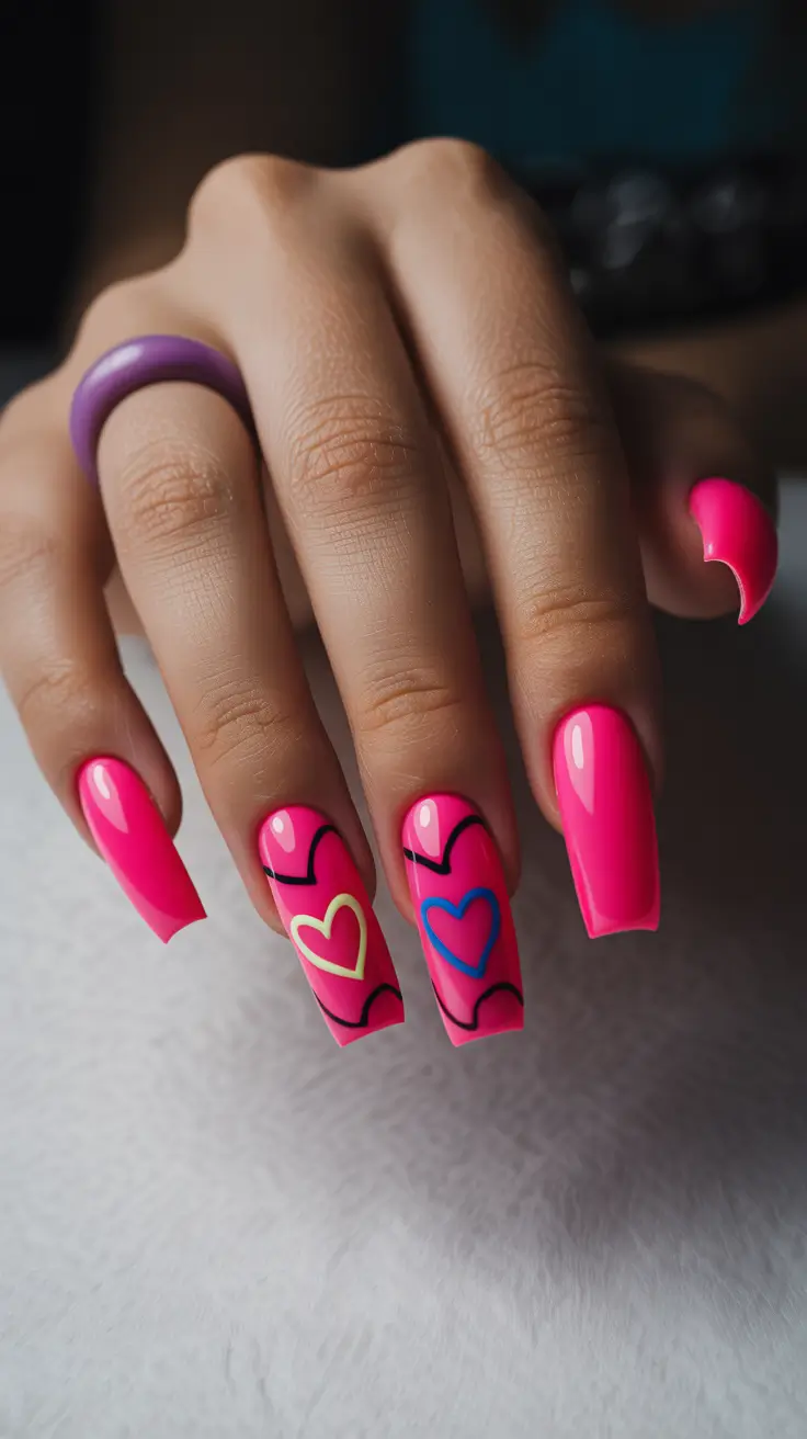 trendy spring hot pink nails 2026 Hot Pink Hearts Nail Art With Romantic Pop Energy