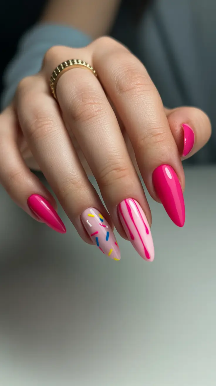 trendy spring hot pink nails 2026 Glossy Hot Pink Almond Nails With Minimal Sprinkle Art