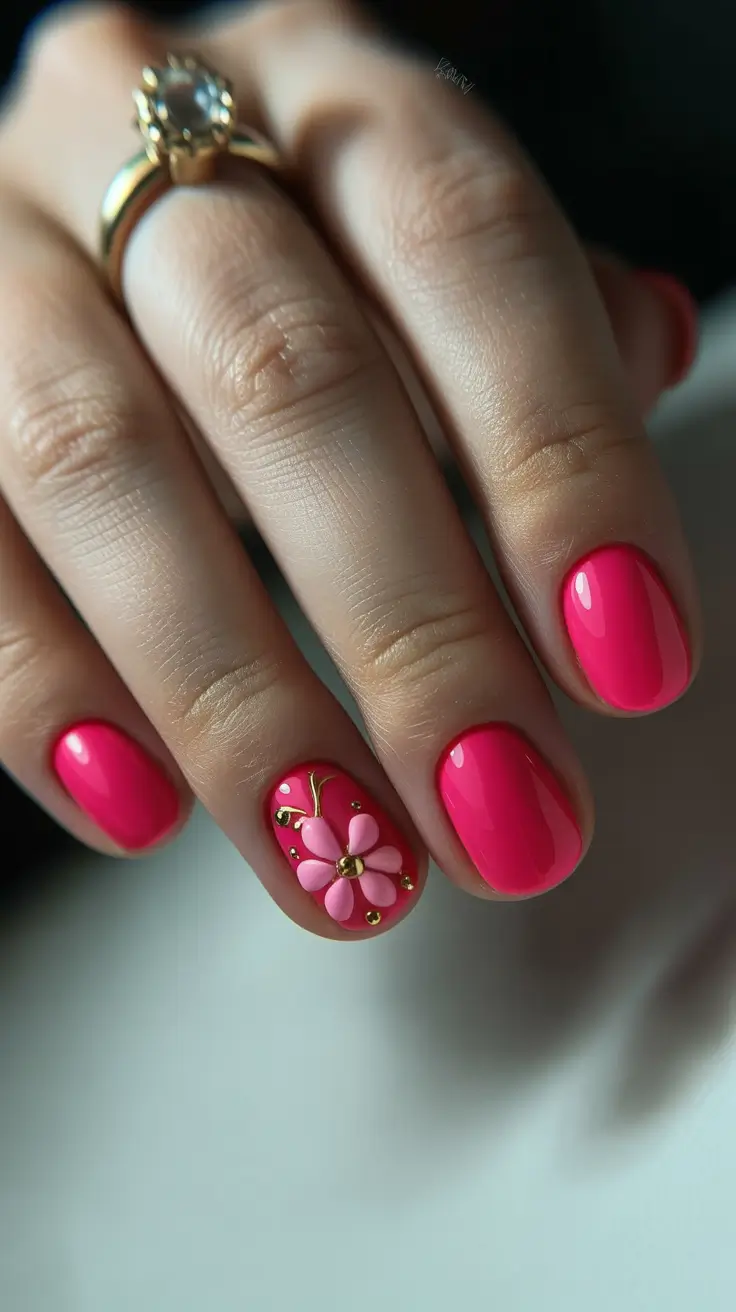 trendy spring hot pink nails 2026 Short Hot Pink Nails With Floral Accent And Gold Details