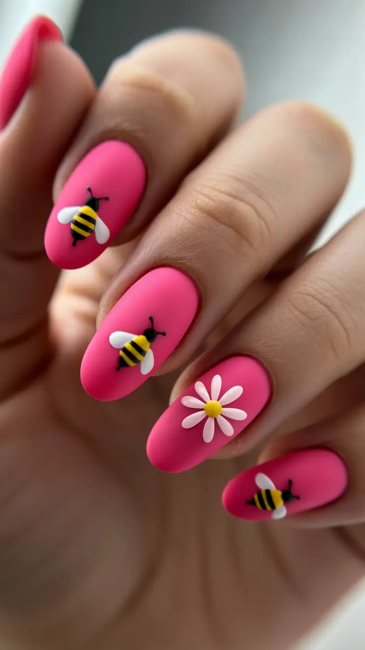 trendy spring hot pink nails 2026 Hot Pink Spring Bee And Daisy Nail Art With Playful Floral Details