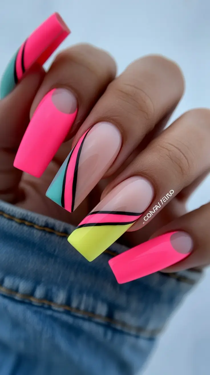 trendy spring hot pink nails 2026 Neon Hot Pink Geometric French Tip With Modern Color Blocking