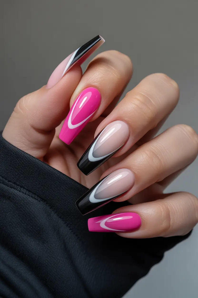 trendy spring hot pink nails 2026 Glossy Hot Pink And Black Oval Illusion Nails