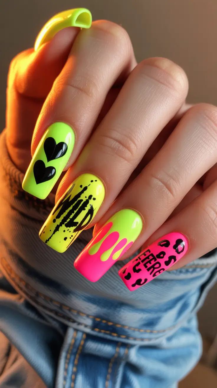 trendy spring hot pink nails 2026 Electric Lime And Hot Pink Street Style Graphic Nails