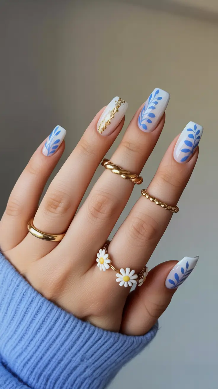 spring wedding nails Blue Botanical Wedding Nails With Elegant Spring Art