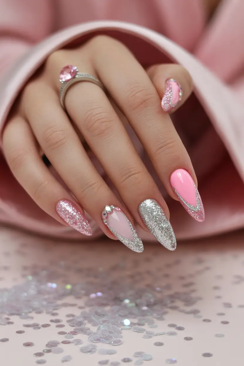 spring wedding nails Pink Glitter Almond Nails For A Fun Bridal Statement
