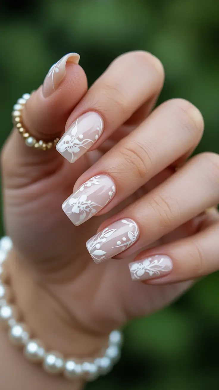 spring wedding nails Delicate Floral Square Nails For A Romantic Spring Bride
