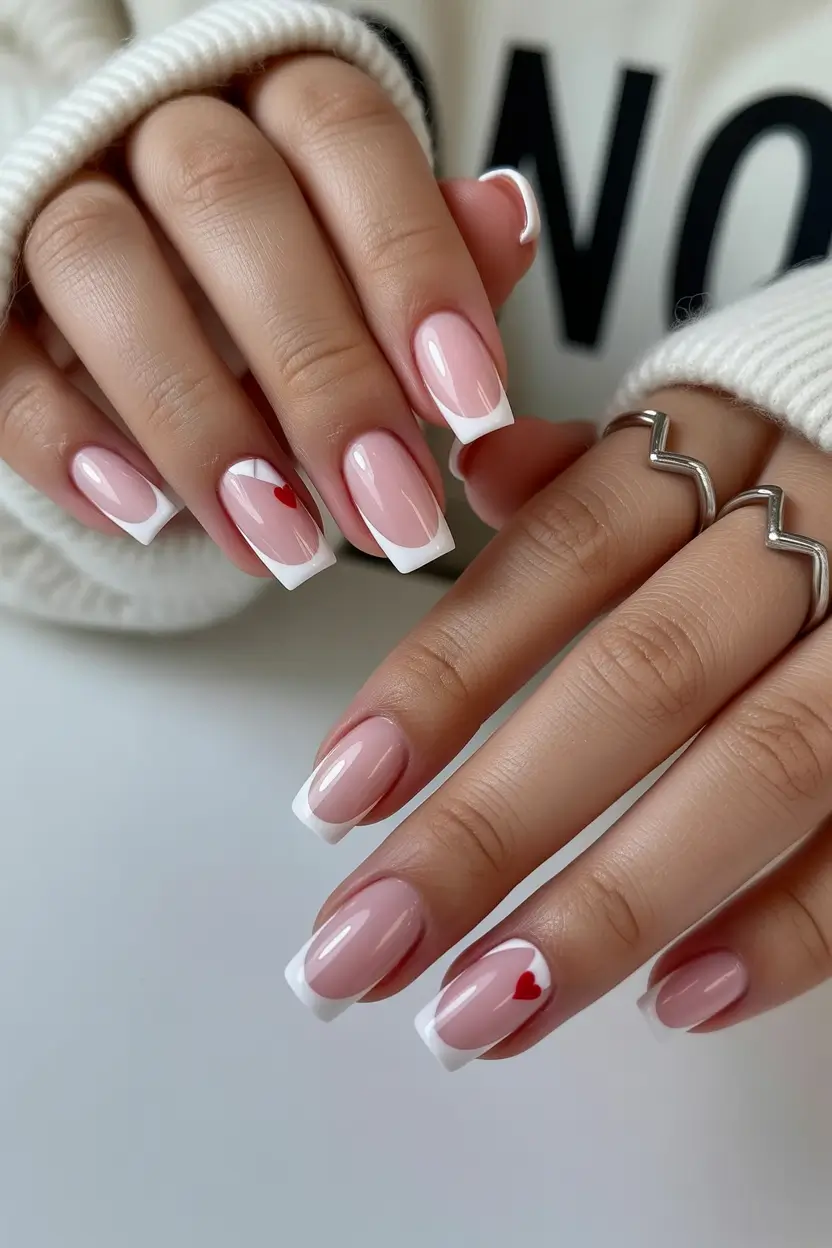 spring wedding nails Classic French Square Nails With Cute Heart Accent