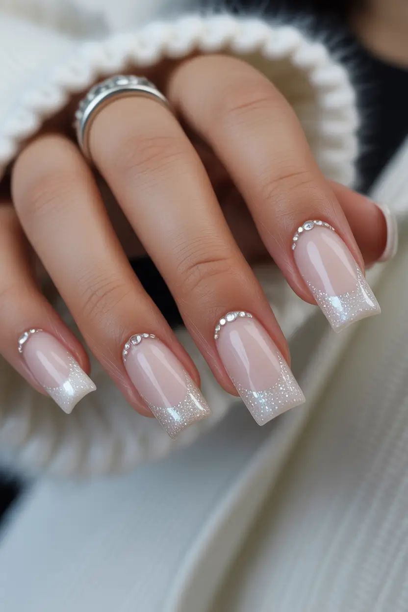 spring wedding nails Glitter French Square Nails With Crystal Cuticle Detail
