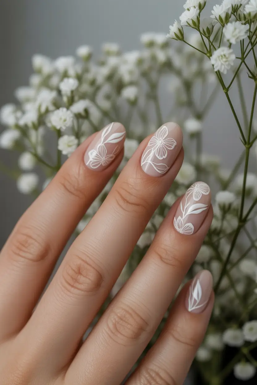 spring wedding nails Soft Botanical Almond Nails With Delicate White Floral Art