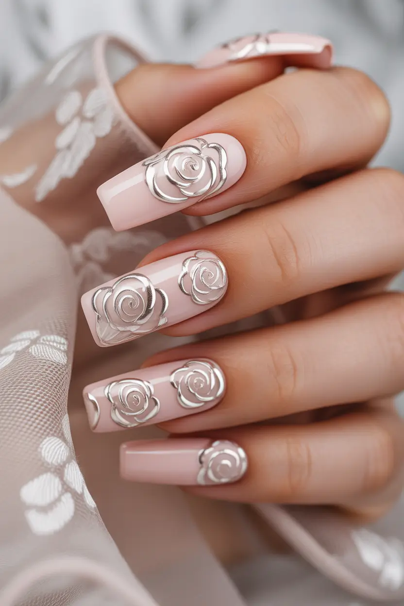 spring wedding nails Elegant Silver Rose Square Nails For A Classy Bridal Statement